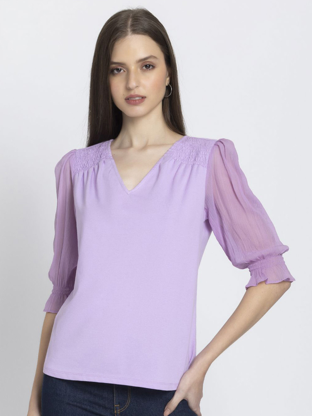 SHAYE Lavender V-Neck Solid Three-Quarter Sleeves Casual Tops For Women