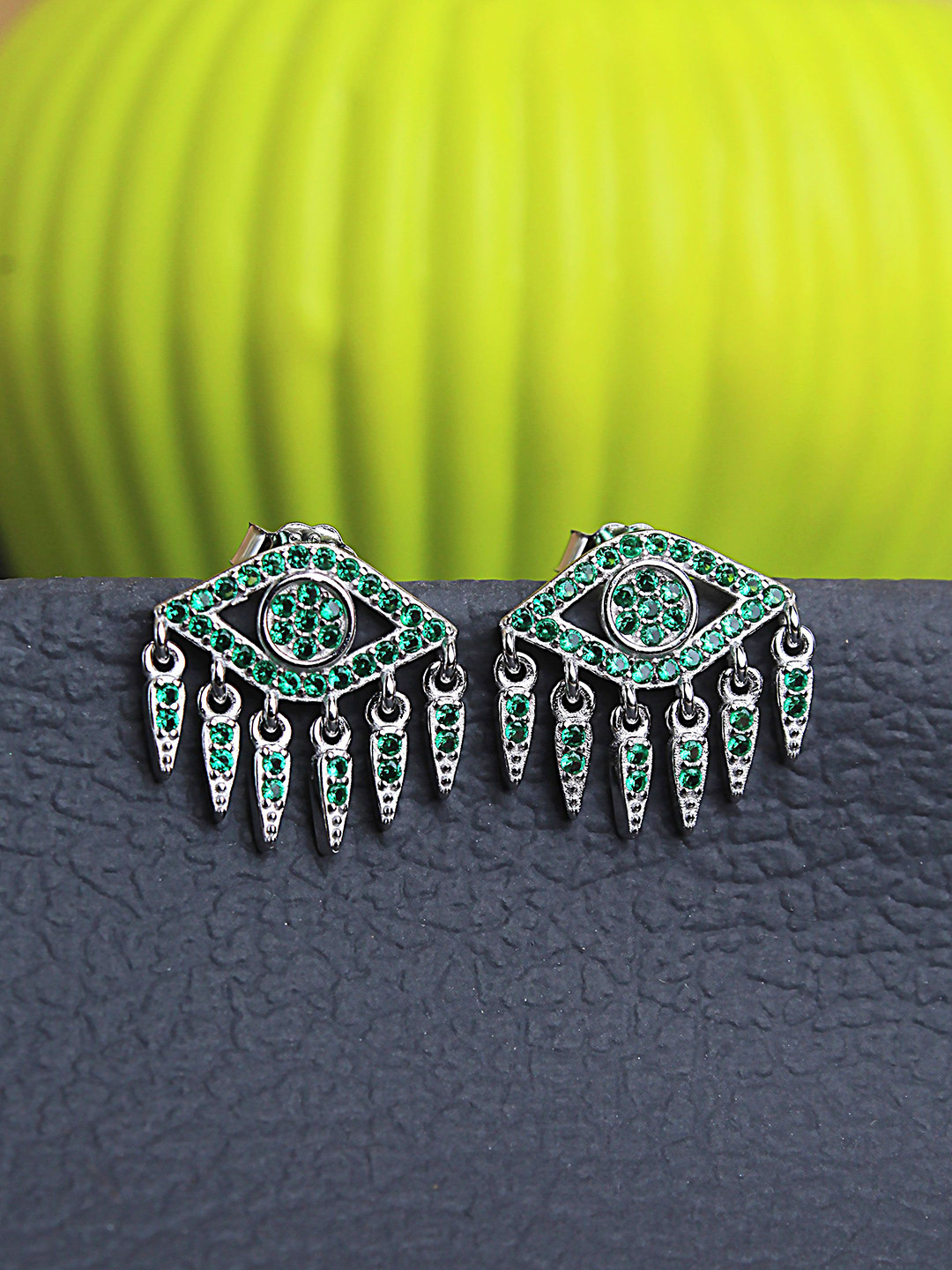 DEVASHREE 925 Sterling Silver Rhodium-Plated Emerald Cubic Zirconia Studded Evil Eye Studs