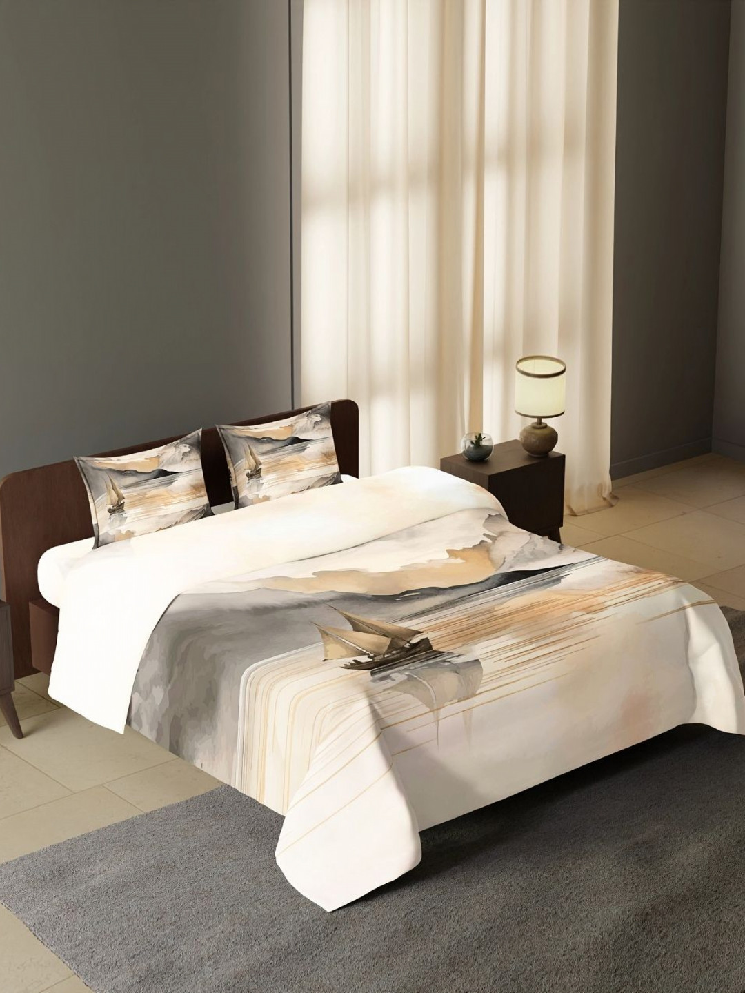 Synergized Cotton Sail Voyage White Printed 300 TC King Bedsheet Set-2.74 m x 2.74 m