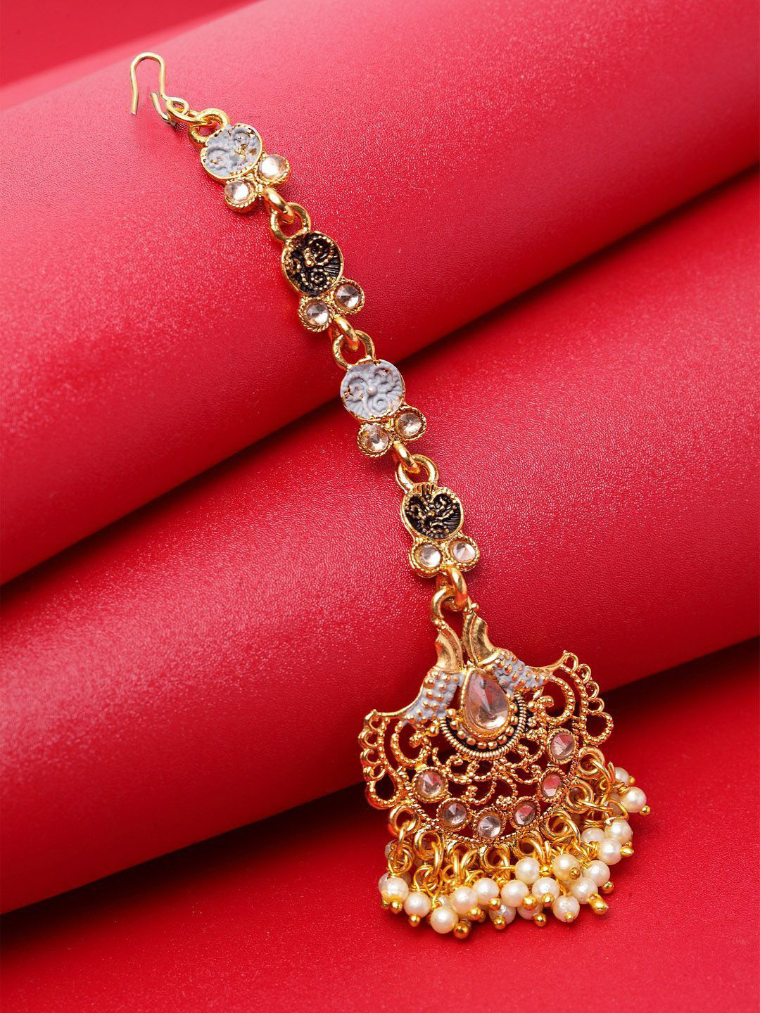 Anouk Gold-Plated Kundan Stone Studded & Pearls Beaded Ganthan Enamelled Maang Tikka