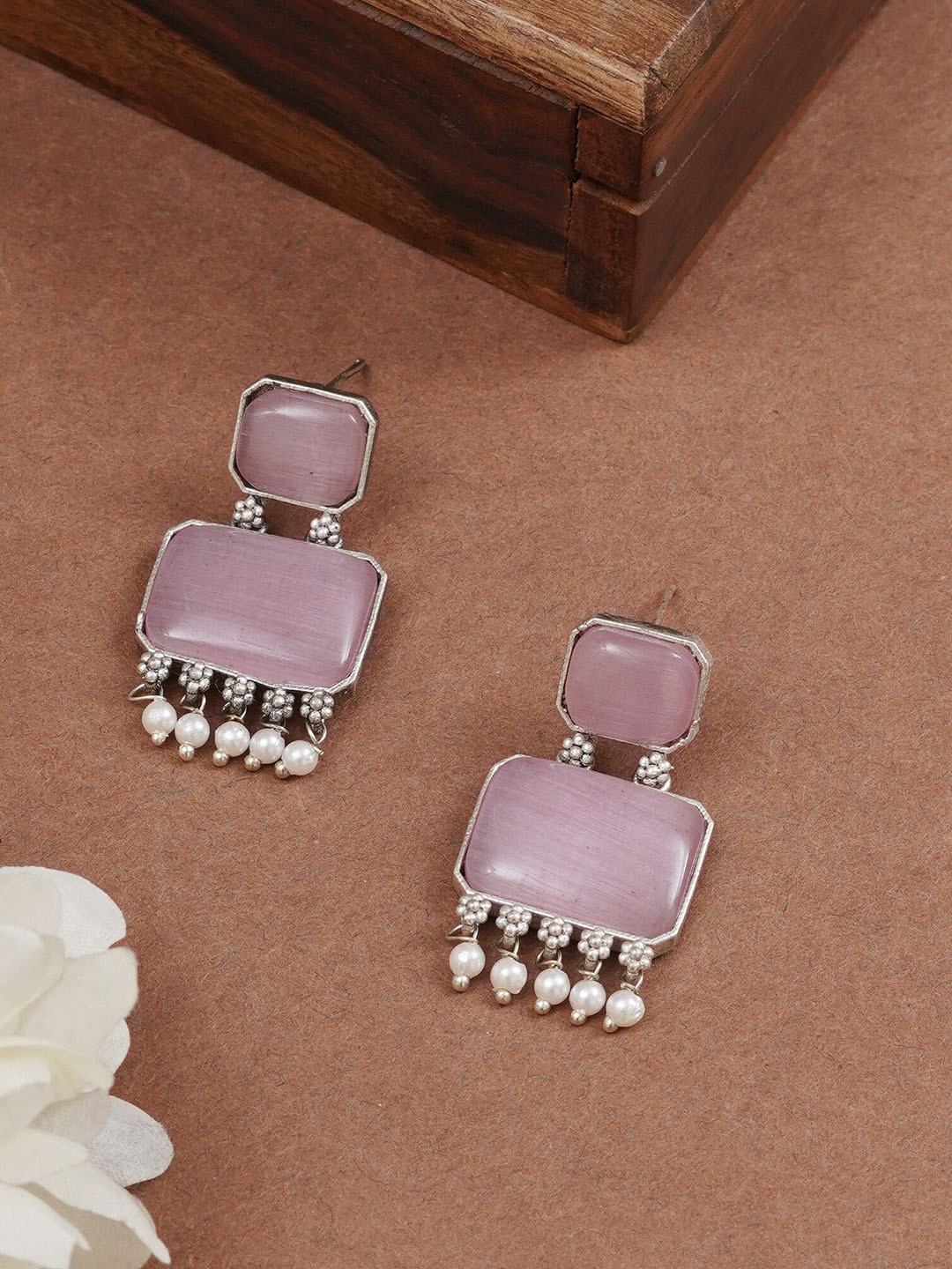 JEWILLEY Parnika Silver-Plated Artificial Stones Studded & Beaded Oxidised Drop earrings