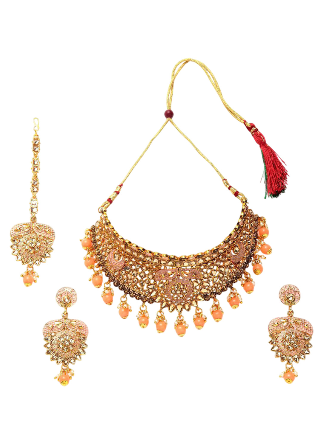 Anouk Gold-Plated Stones-Studded & Beaded Traditional Necklace & Earrings With Maang Tikka