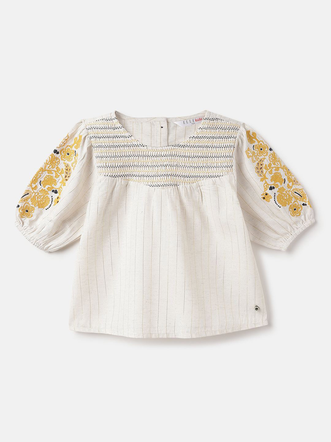 ELLE Floral Striped Puff Sleeve Cotton Top