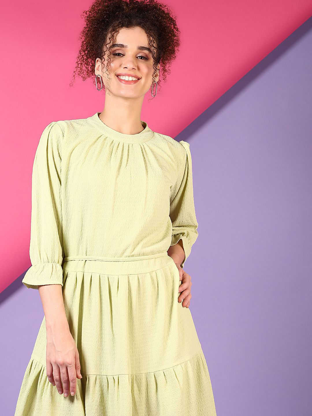 V-Mart Women's Solid Puff Sleeve Round Neck  Dress