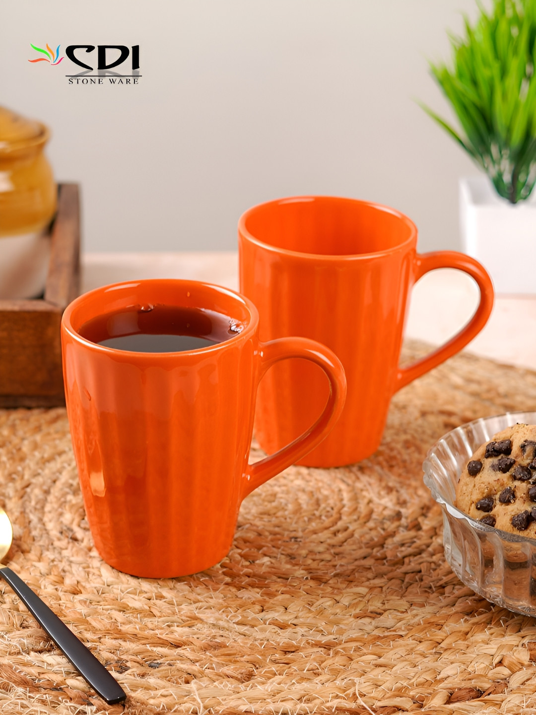 CDI Ramya Orange Textured Ceramic Microwave Safe 2 Piece Mugs-300ml