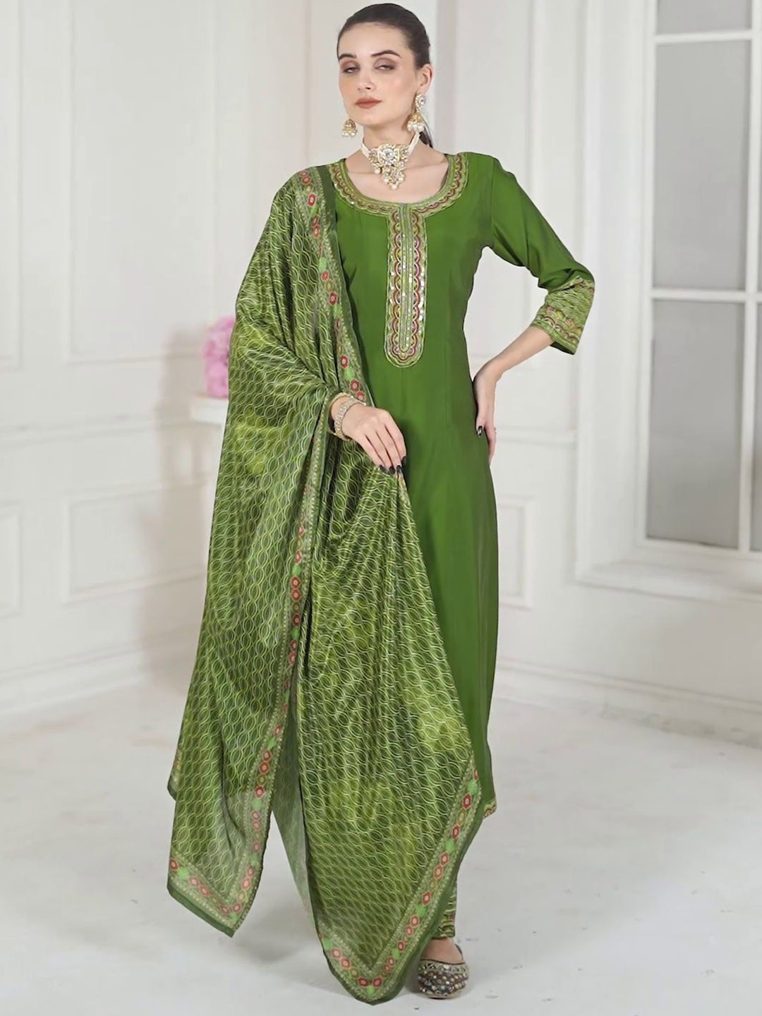 FABZOO RIYA Floral Yoke Design Panelled Zari Anarkali Kurta With Trouser And Dupatta
