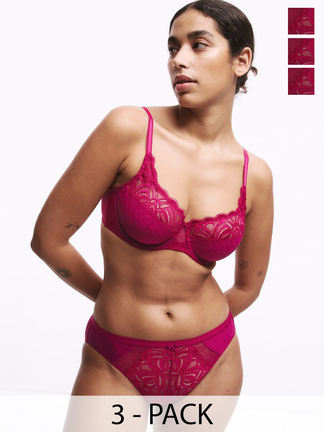 Marks & Spencer Pack Of 3 Low-Rise Lace ThongBriefs T615783LDARK RASPBERRY