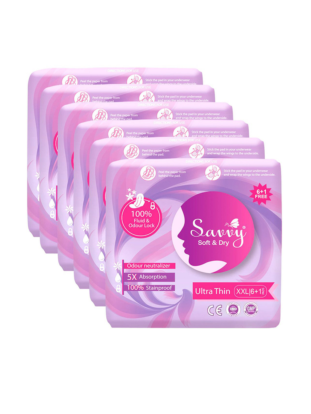 Savvy Set Of 6 Ultra Thin Ultimate Protection Cotton Sanitary Napkins XXL - 7 Pads Each