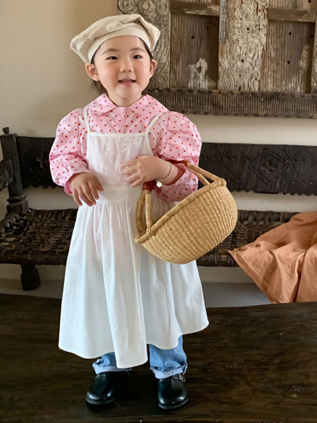 LULU & SKY Girls Cotton Pinafore Midi Dress With Polka Dots Shirt