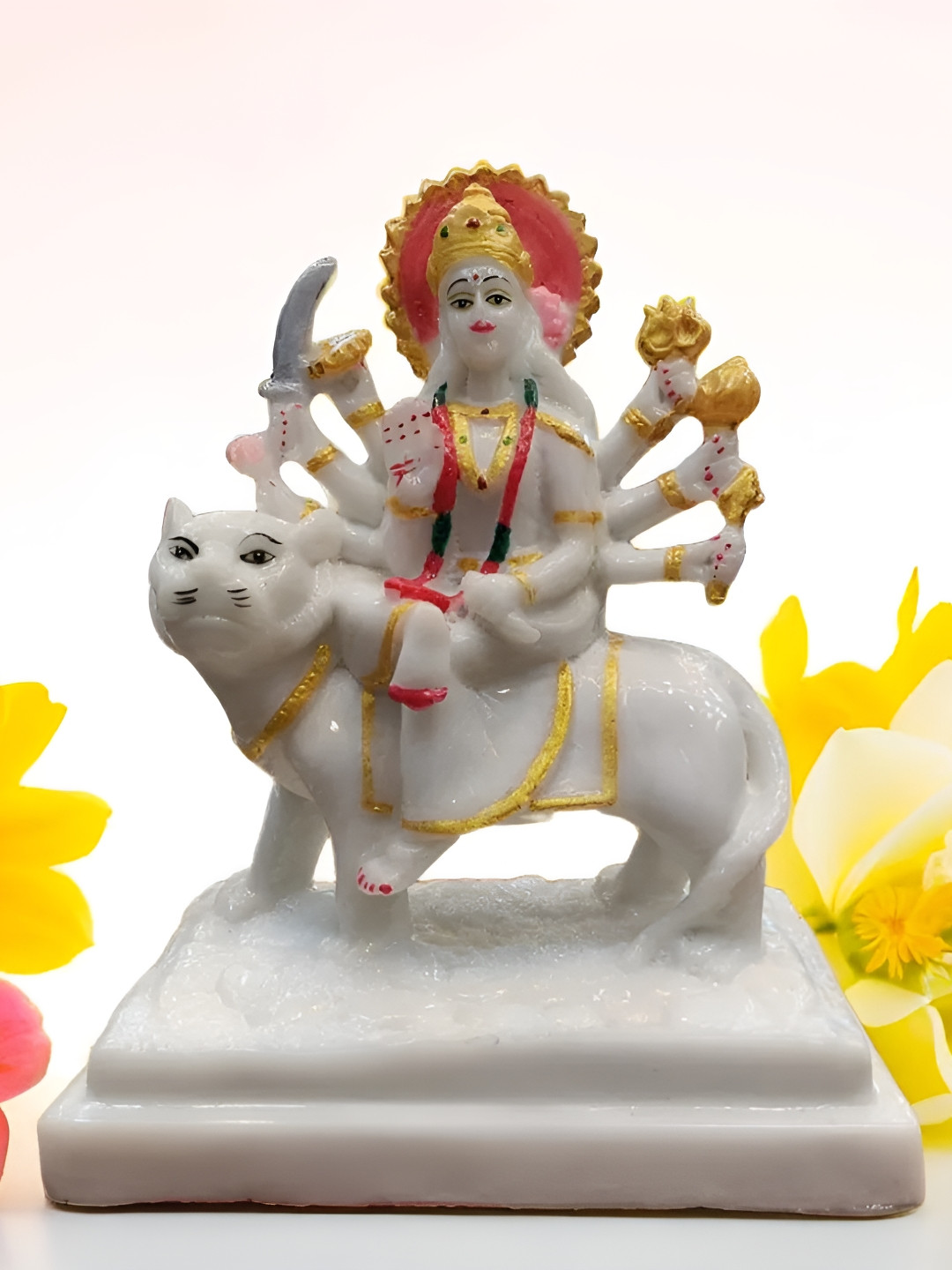 SANKALAN CREATIONS Durga White Marble Matte Prayer Room Medium Showpiece - 6.3 Inches