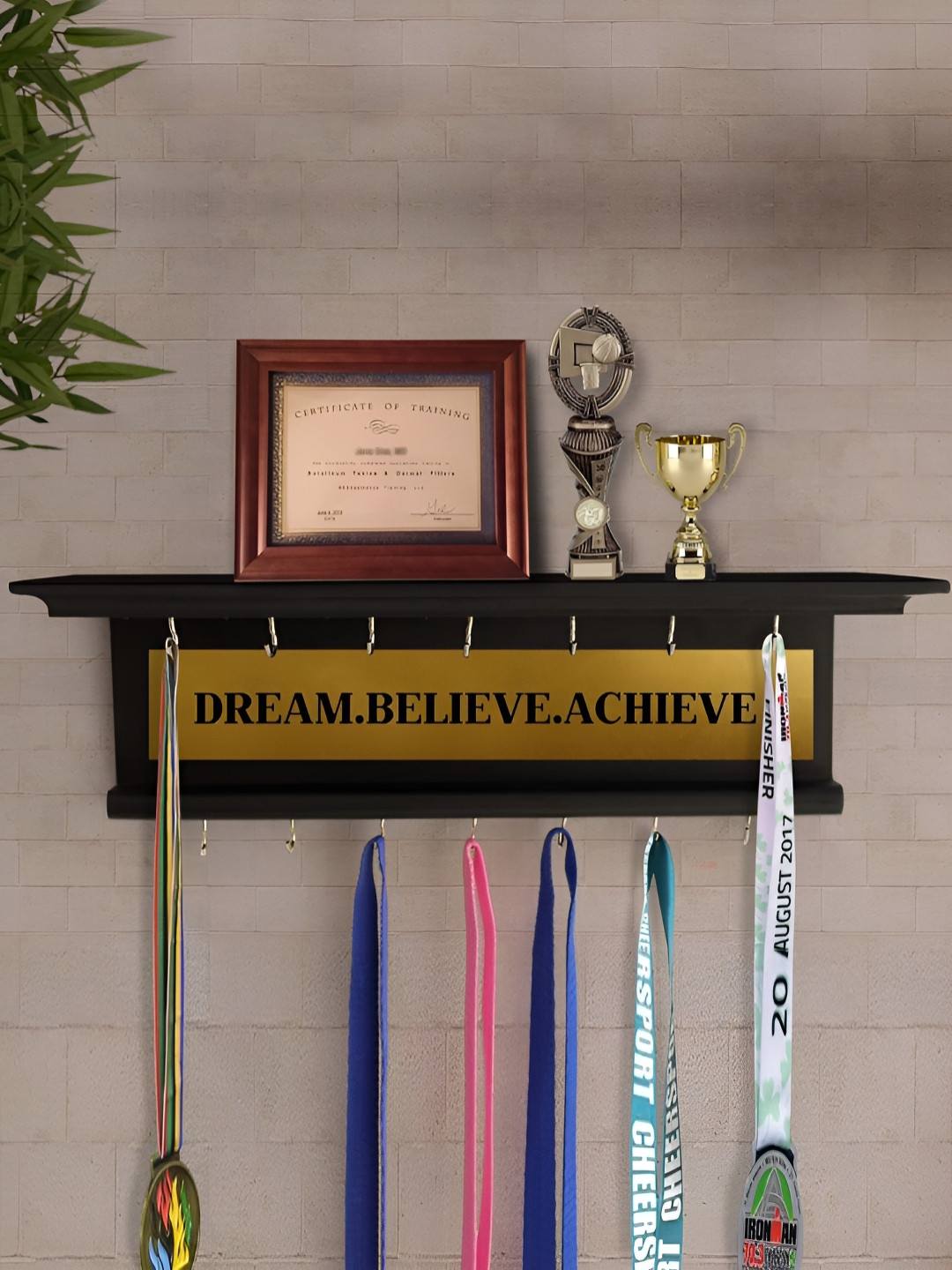 TIED RIBBONS Black Wooden 16-Hooks Wall Medal & Trophy Holder