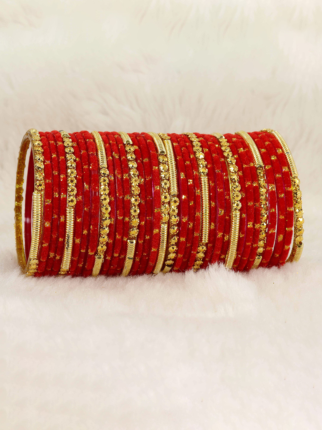 ZULKA Set Of 34 Fancy Glass  Golden Beads & Polka Dots Velvet Bangles