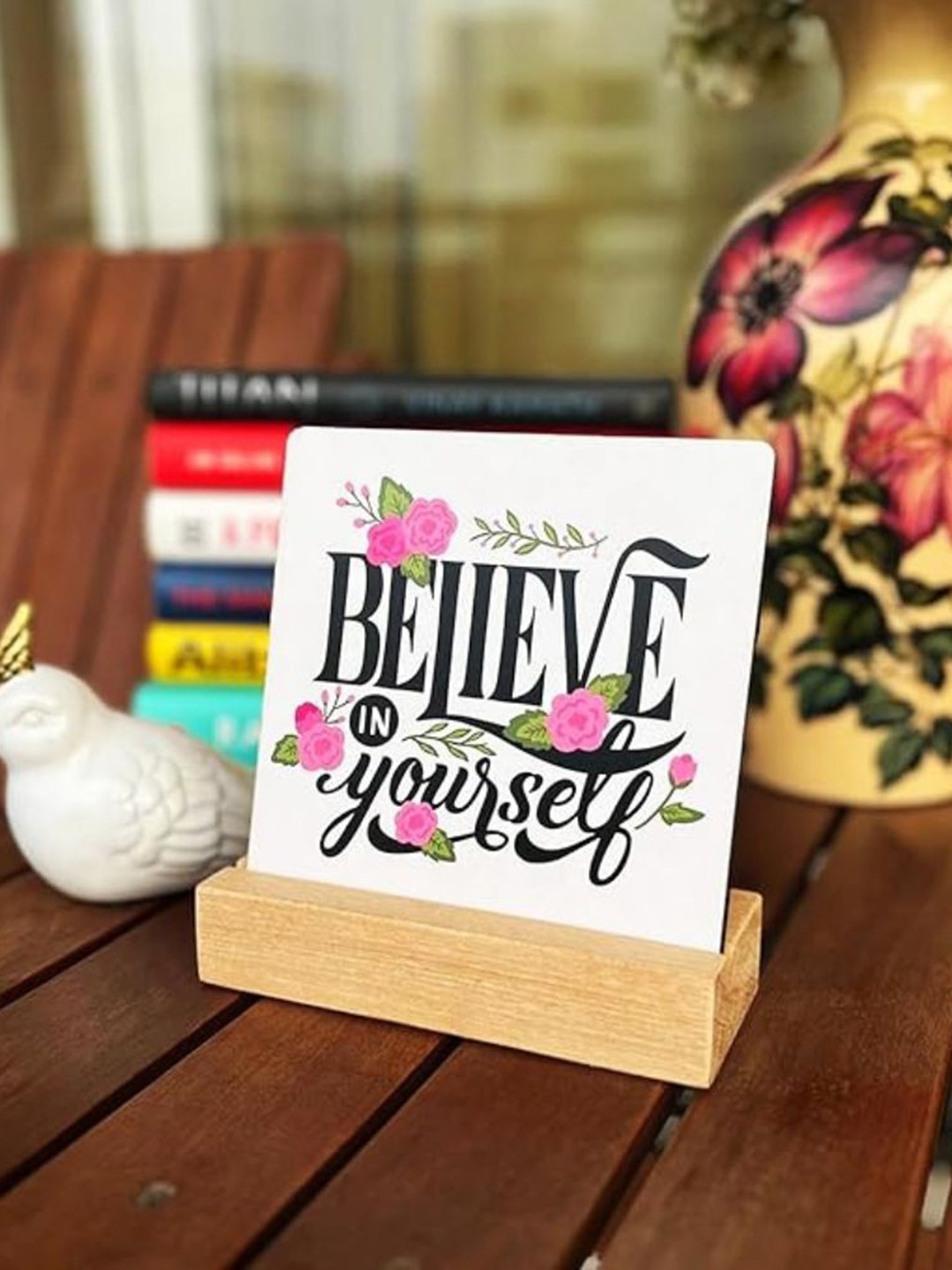 BS AMOR Believe in Yourself White Wood Natural Home Office Set of 2 Small Showpieces - 2 Inches