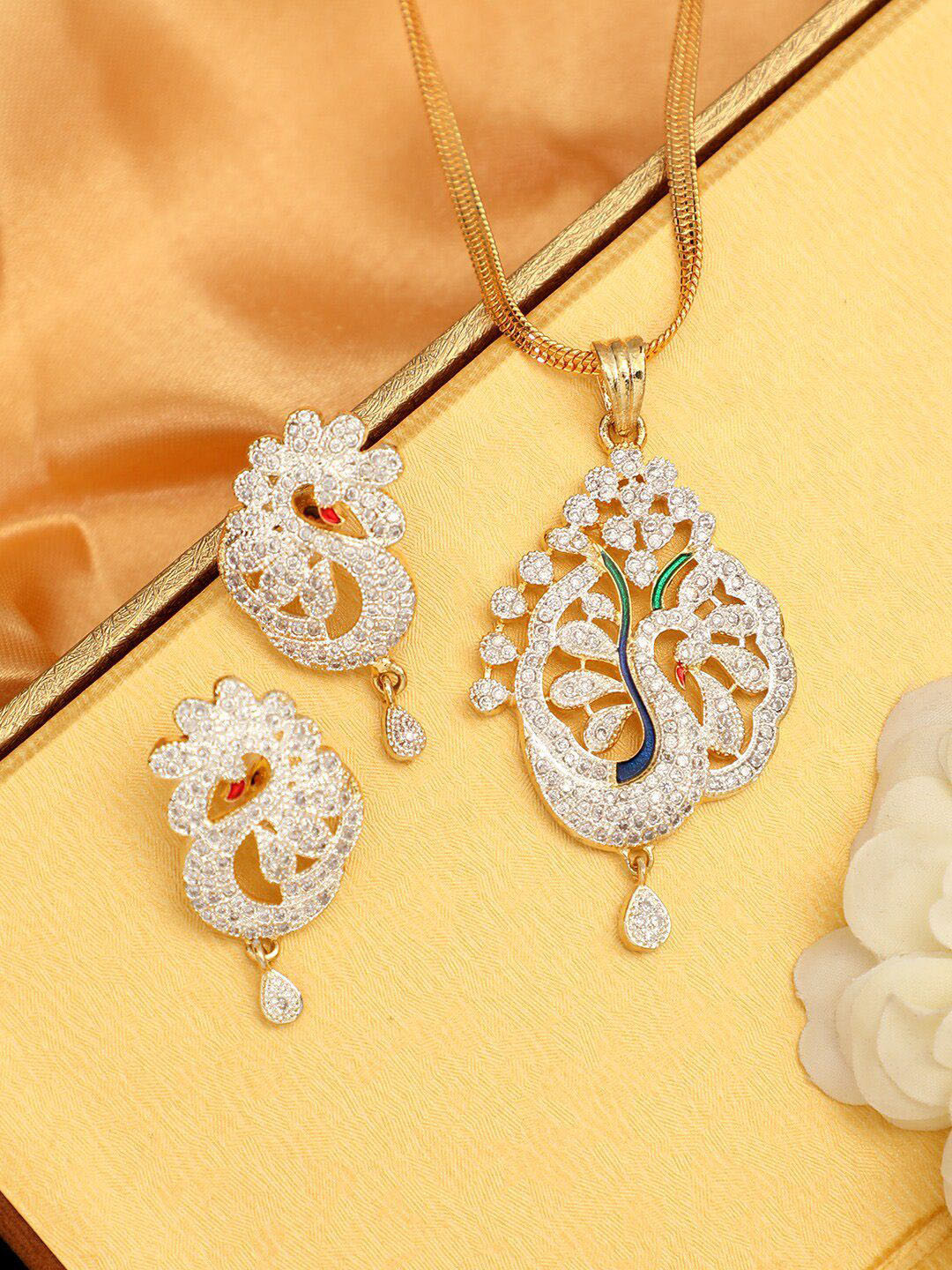 Anouk Gold Plated American Diamond Studded Pendant And Earrings