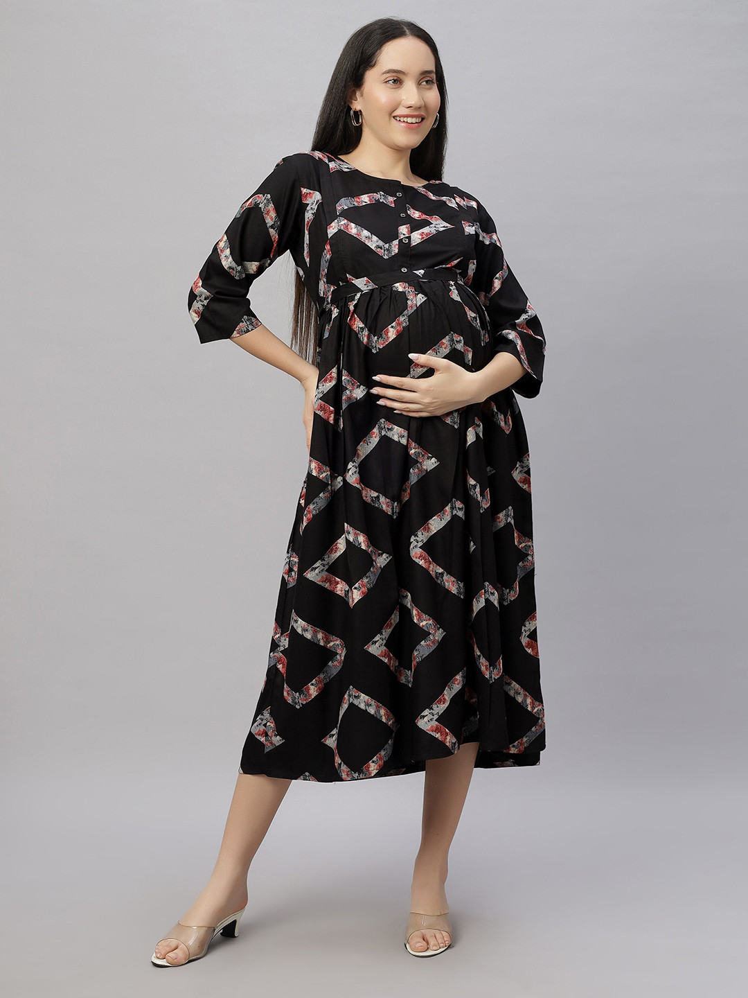 DZZO Women Abstract Printed Round Neck Regular Sleeveless Maternity Fit & Flare Dress