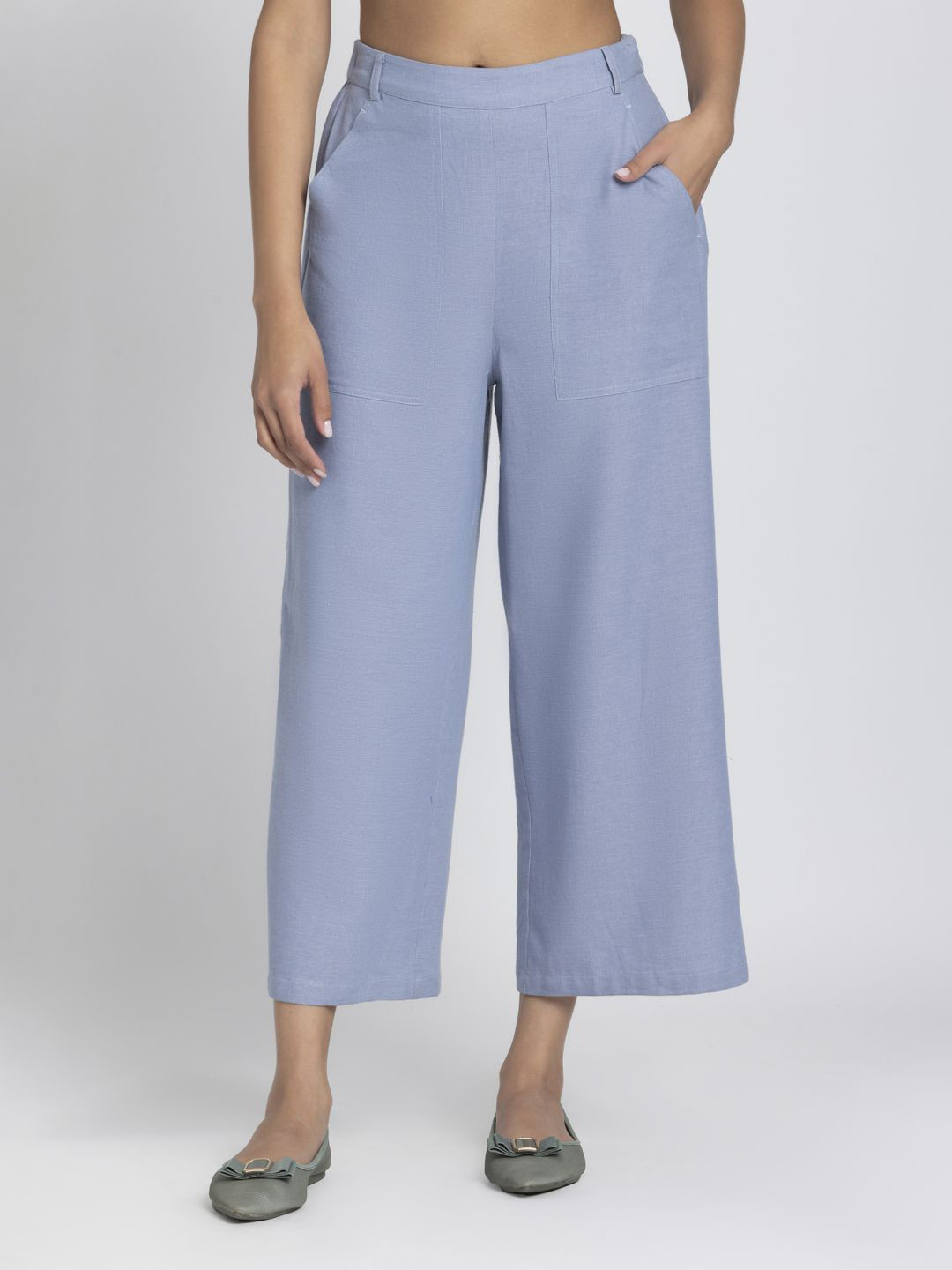 SHAYE Women Shaye Blue High-Rise Solid Casual Wide Leg Trousers
