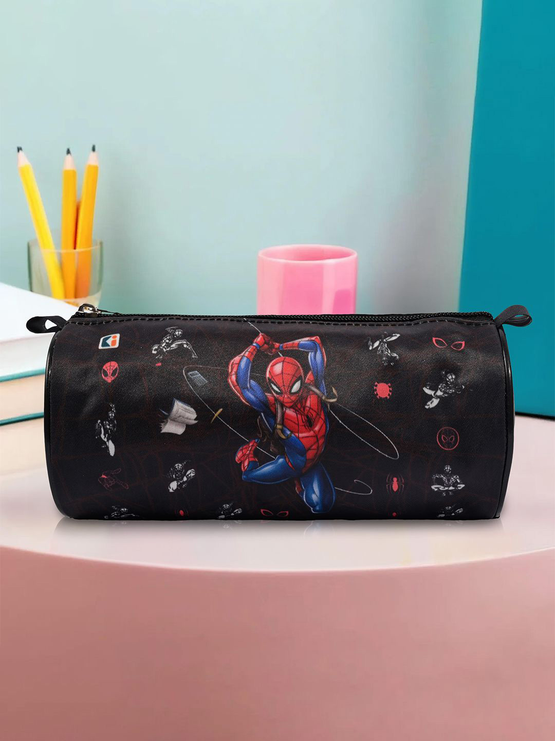 Kuber Industries Black & Red Marvel Spiderman Multi-Purpose Travel Round Pencil Pouch