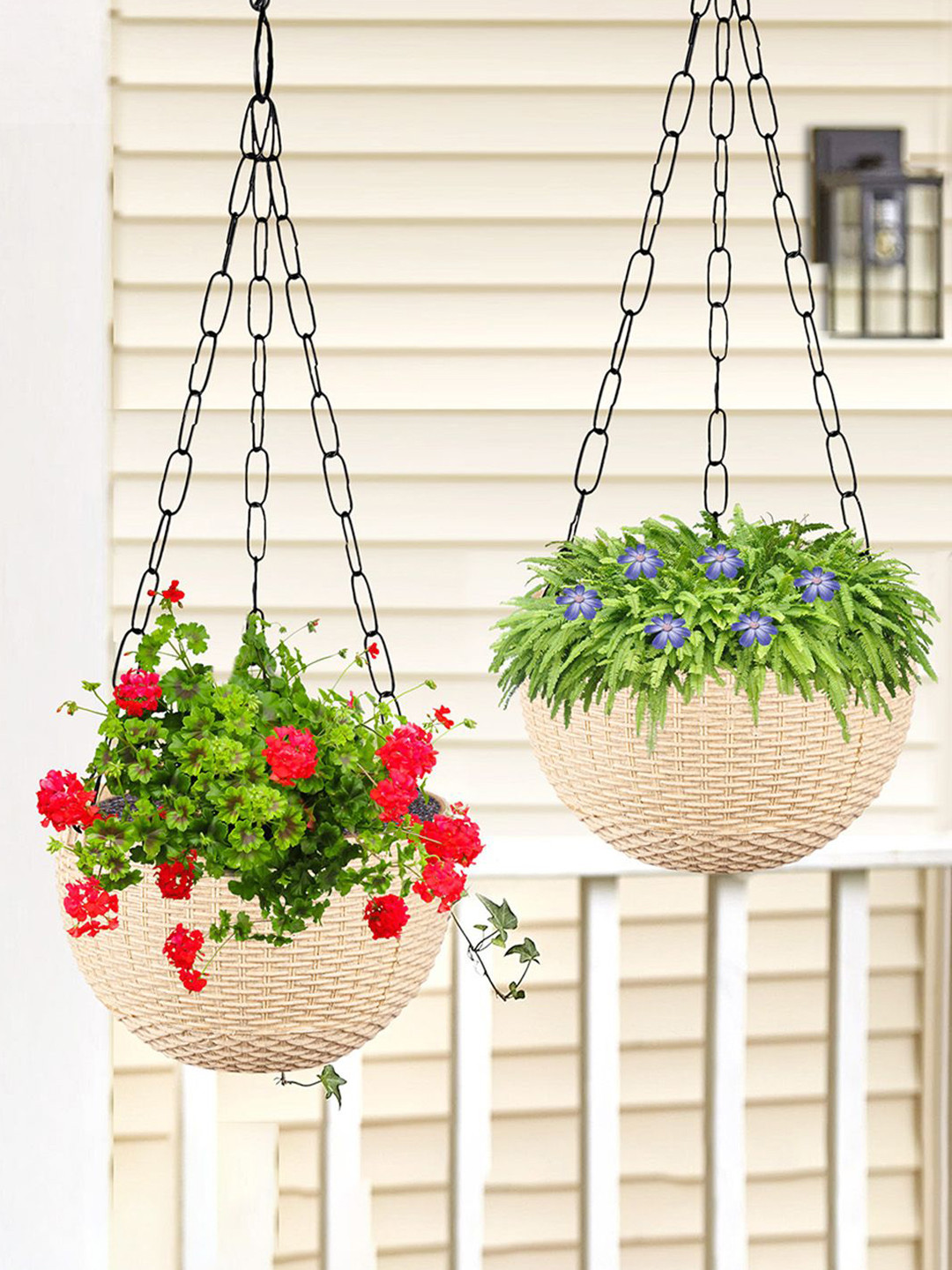 Kuber Industries Beige 2 Pieces Textured Round Marble Euro Hanging Planters