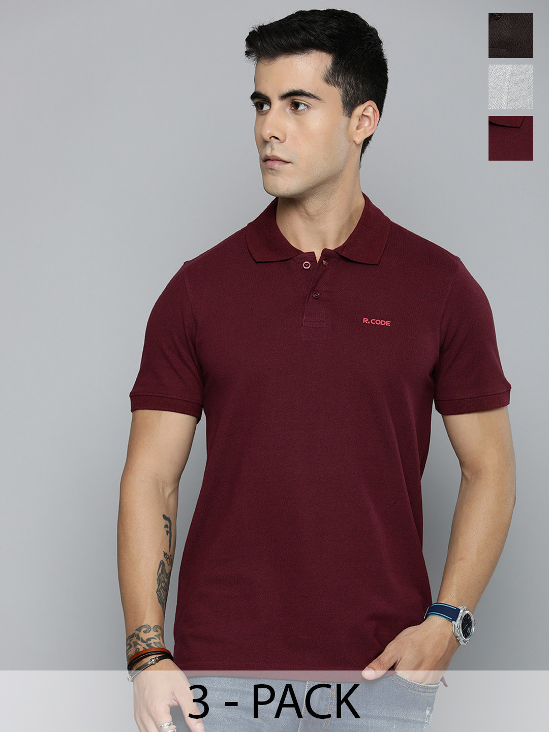 R.Code by The Roadster Lifestyle Co. Men Regular Fit Pack Of 3 Solid Polo Cotton T-shirts