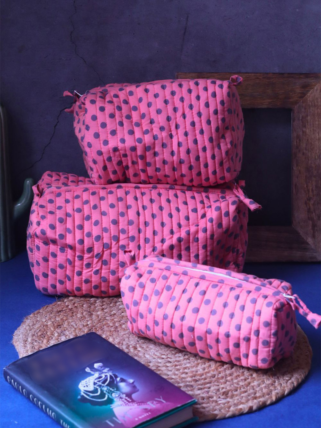 WEAVING HOMES Pink Set of 3 Polka Essential Toiletry Bag