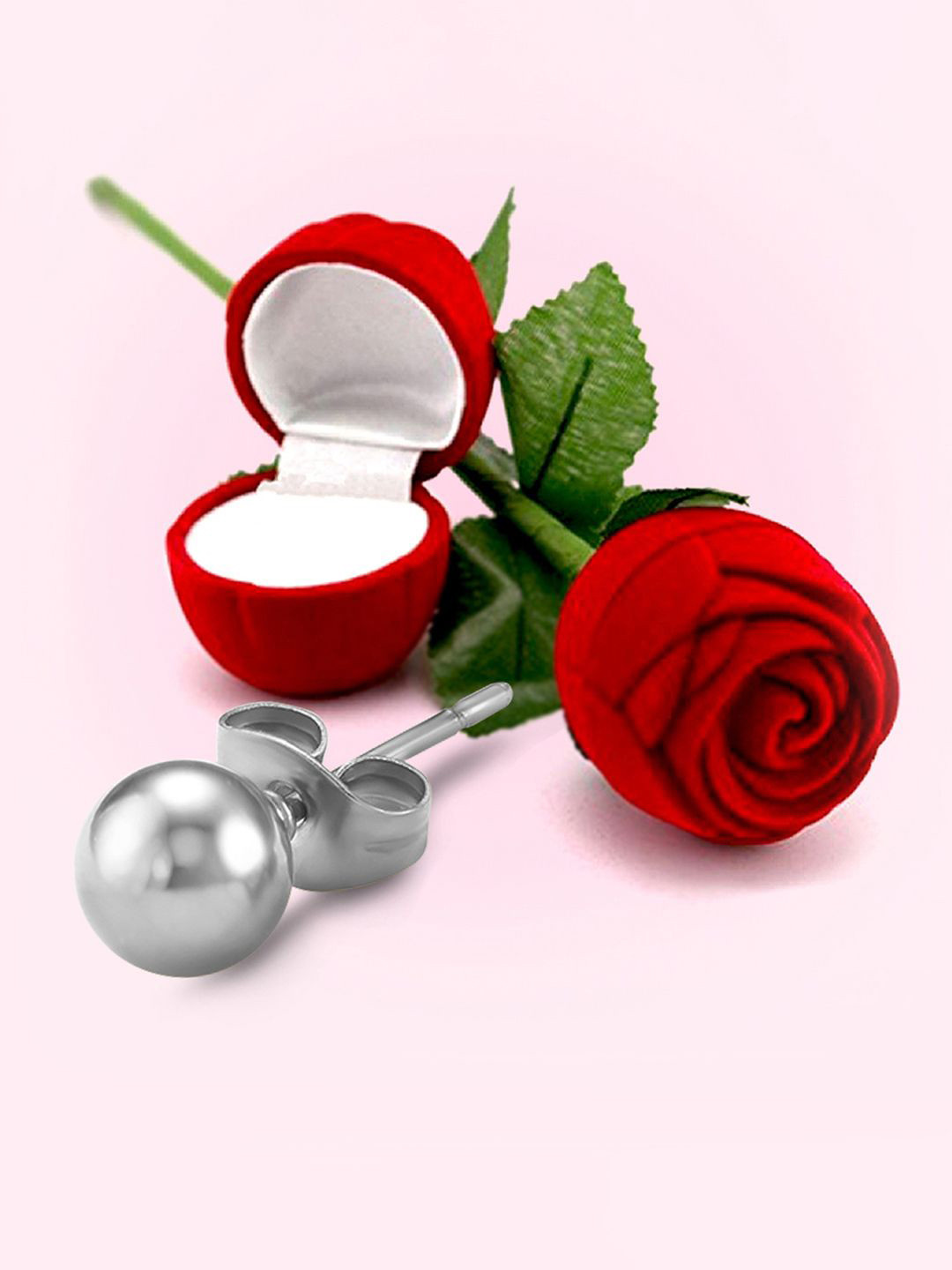 Peora Unisex Stainless Steel Silver-Plated Ball Studs With Red Rose Box