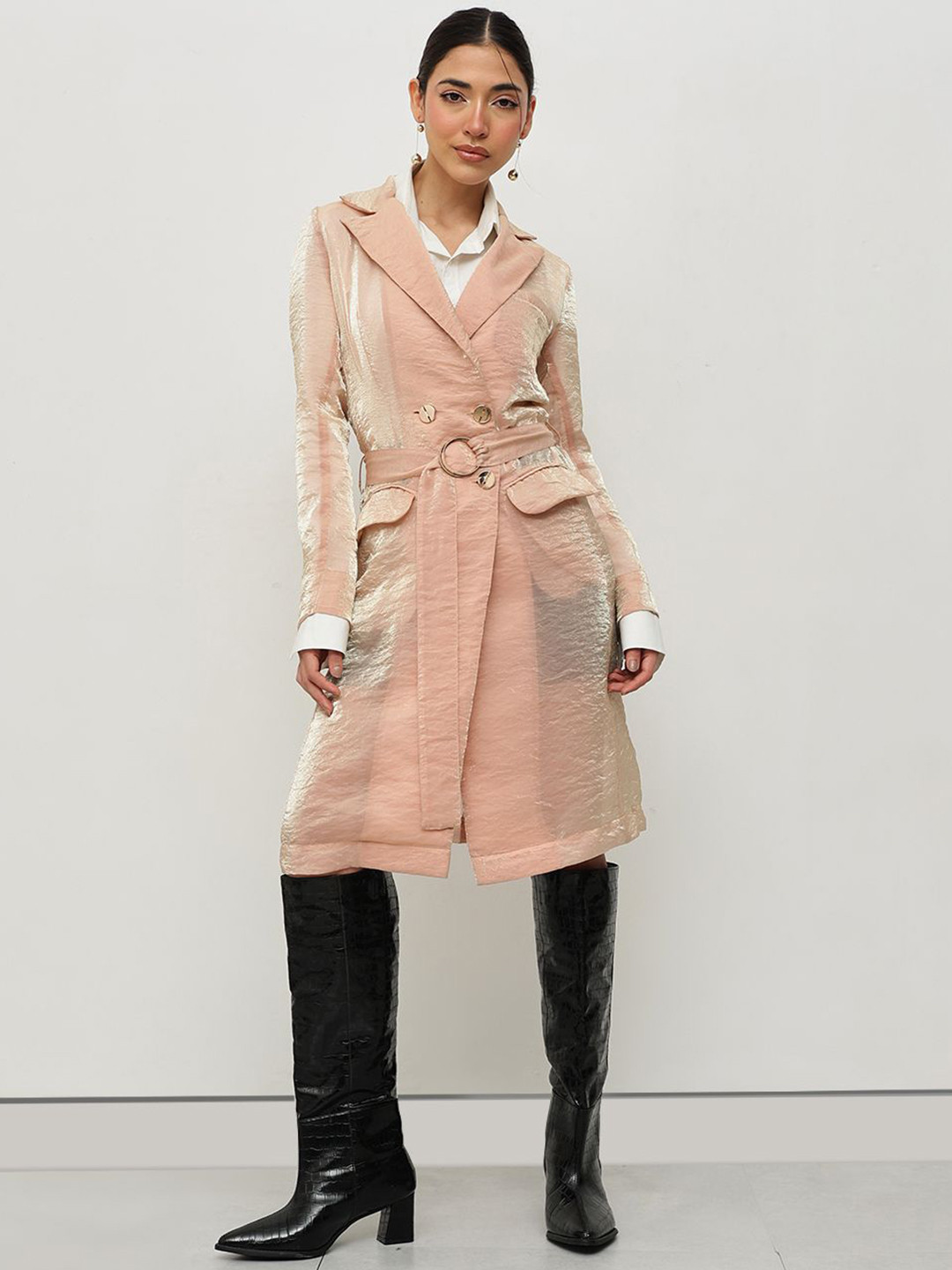 HOUSE OF S Metallic Belted Double-Breasted Overcoat