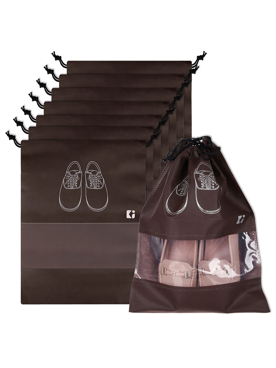 Kuber Industries Coffee Brown 8 Pieces Printed Shoe Cover Bags with Transparent Window
