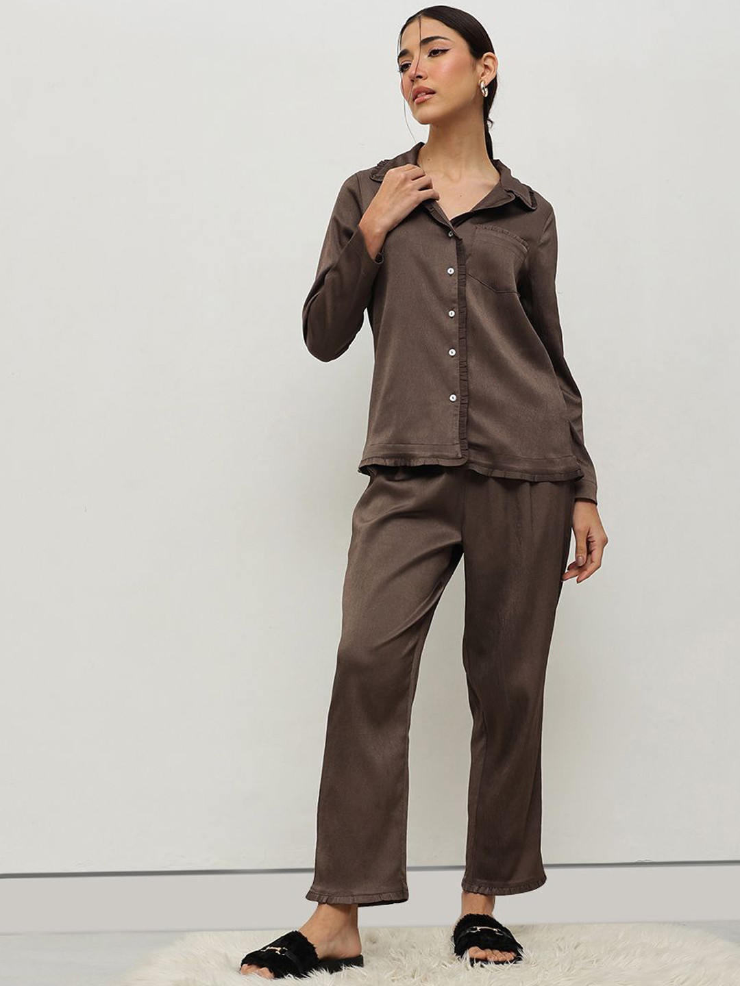 HOUSE OF S Shirt Collar Long Sleeves Satin Shirt With Pyjamas