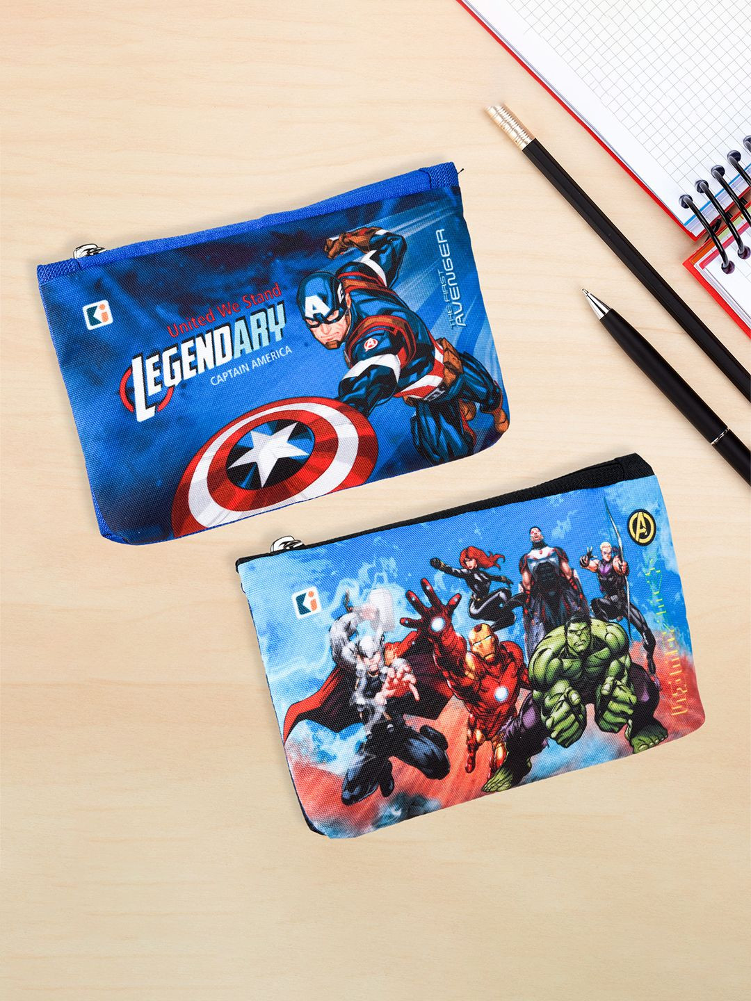 Kuber Industries Royal Blue & Black Pack of 2 Marvel Pencil Pouch for Kids with Zipper