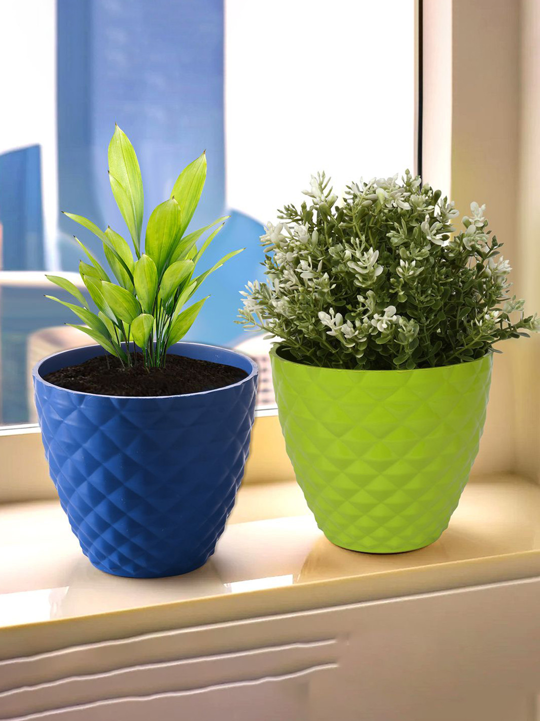 Kuber Industries Blue & Green 2 Pieces Diamond Textured Round Planters