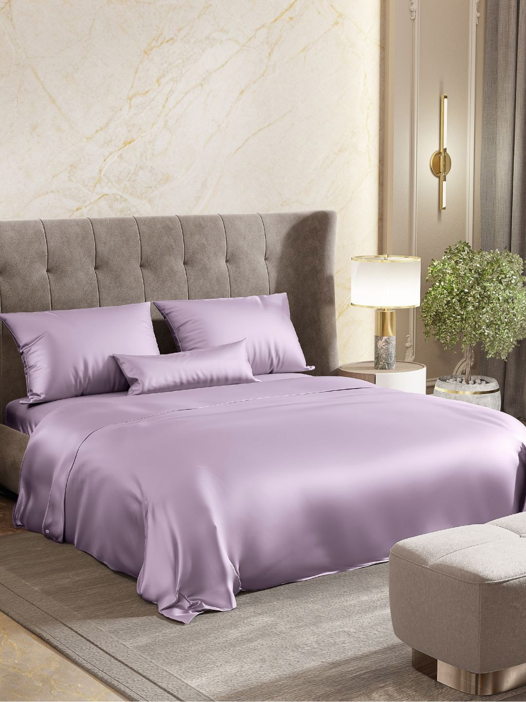 haus & kinder Lavender Solid Satin 300 TC Queen Fine Bedsheet with 2 Pillow Covers-254 x 228 cm