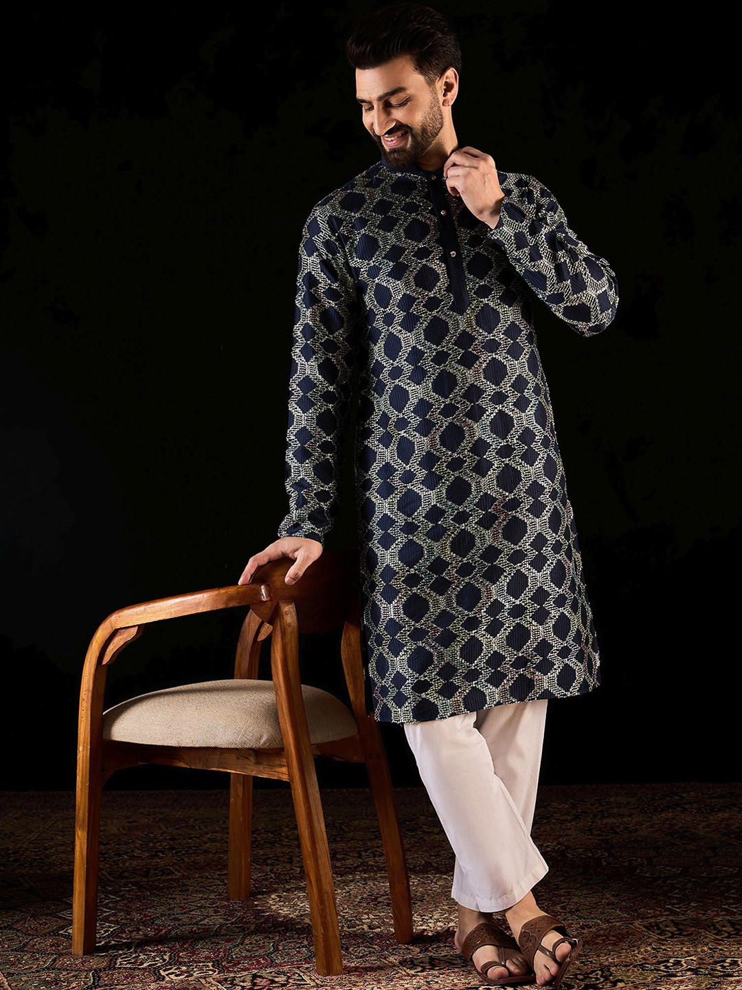 Anouk Navy Blue Geometric Gotta Patti Embroidered Mandarina Collar straight Kurta