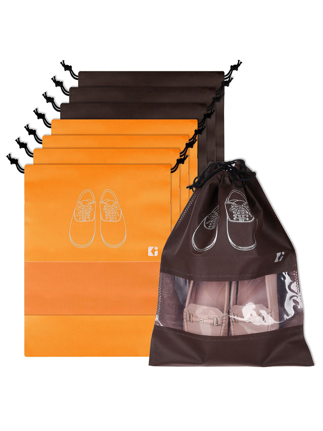 Kuber Industries Orange and Coffee Brown 8 Pieces Printed Travel Shoe Storage Bag