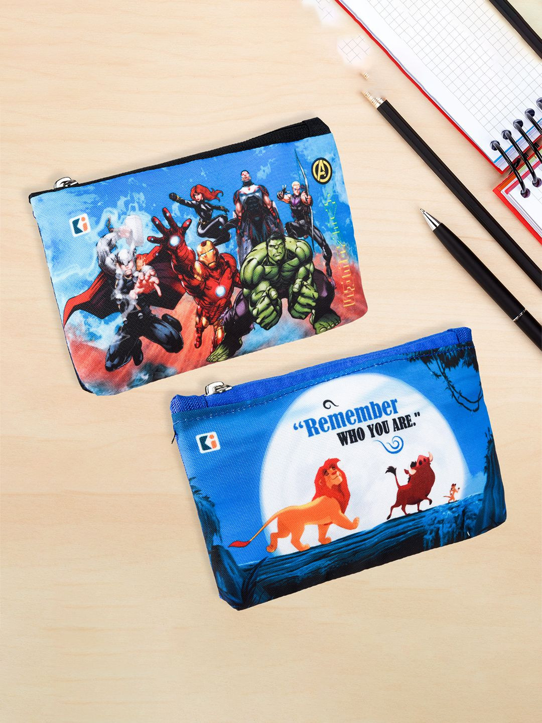 Kuber Industries Black & Blue Pack of 2 Printed Square Pencil Pouch for Kids with Zipper