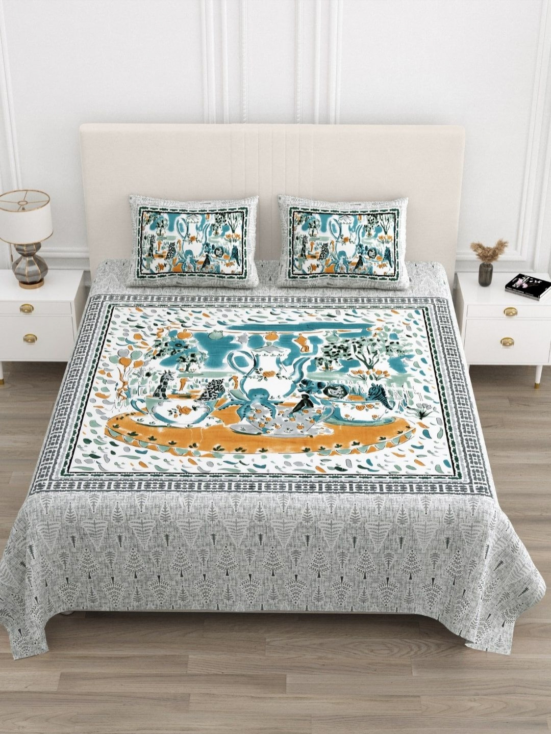 BED-SHEET.COM Blue Conversational Cotton 210 TC King Fine Bedsheet with 2 Pillow Covers-108 x 100 inches