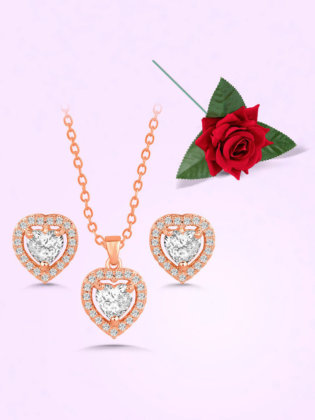 Peora Rose Gold-Plated Cubic Zirconia Studded Heart Shaped Jewellery Set With Red Rose Box