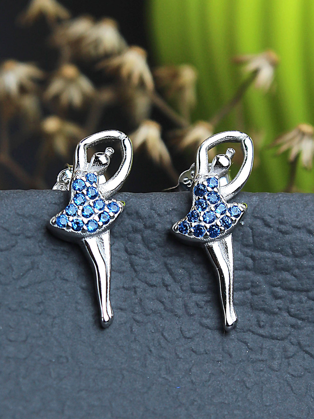 DEVASHREE 925 Sterling Silver Rhodium-Plated CZ Studded Ballet Dancing Girl Studs