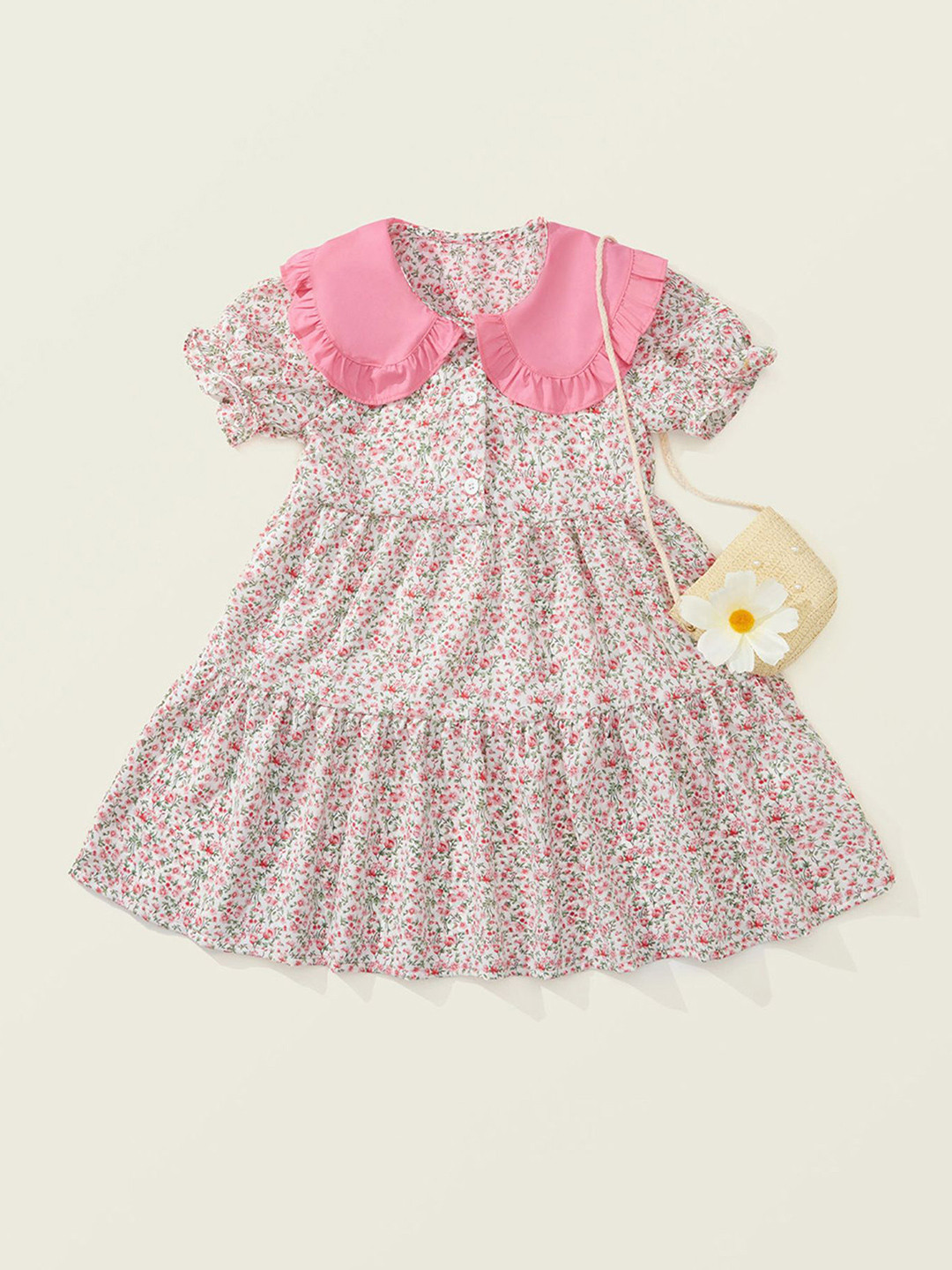 LULU & SKY Girls Floral Printed Peter Pan Collar A-Line Dress With Bag