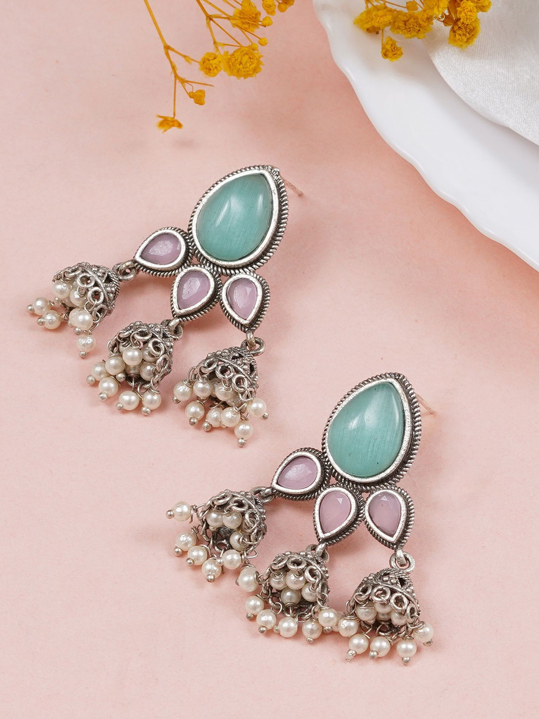 JEWILLEY Parnika Silver-Plated Artificial Stones Studded & Beaded Oxidised Jhumkas