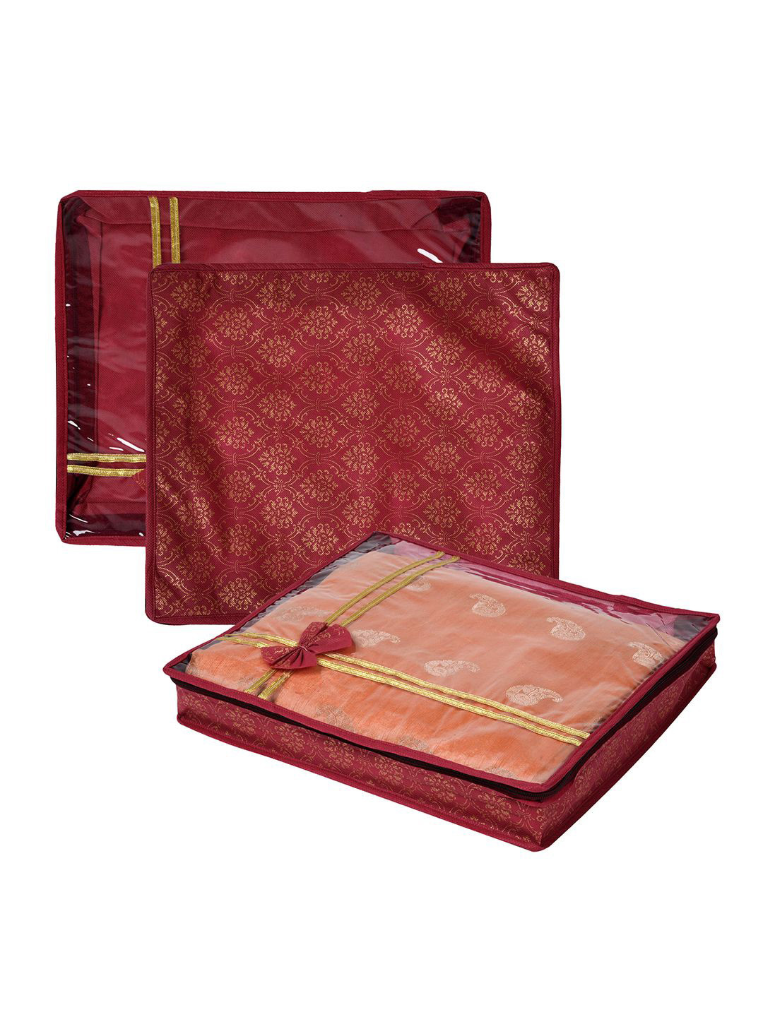 Kuber Industries Maroon Pack of 3 Bow Printed Top Visible Window Multi-Utility Organisers