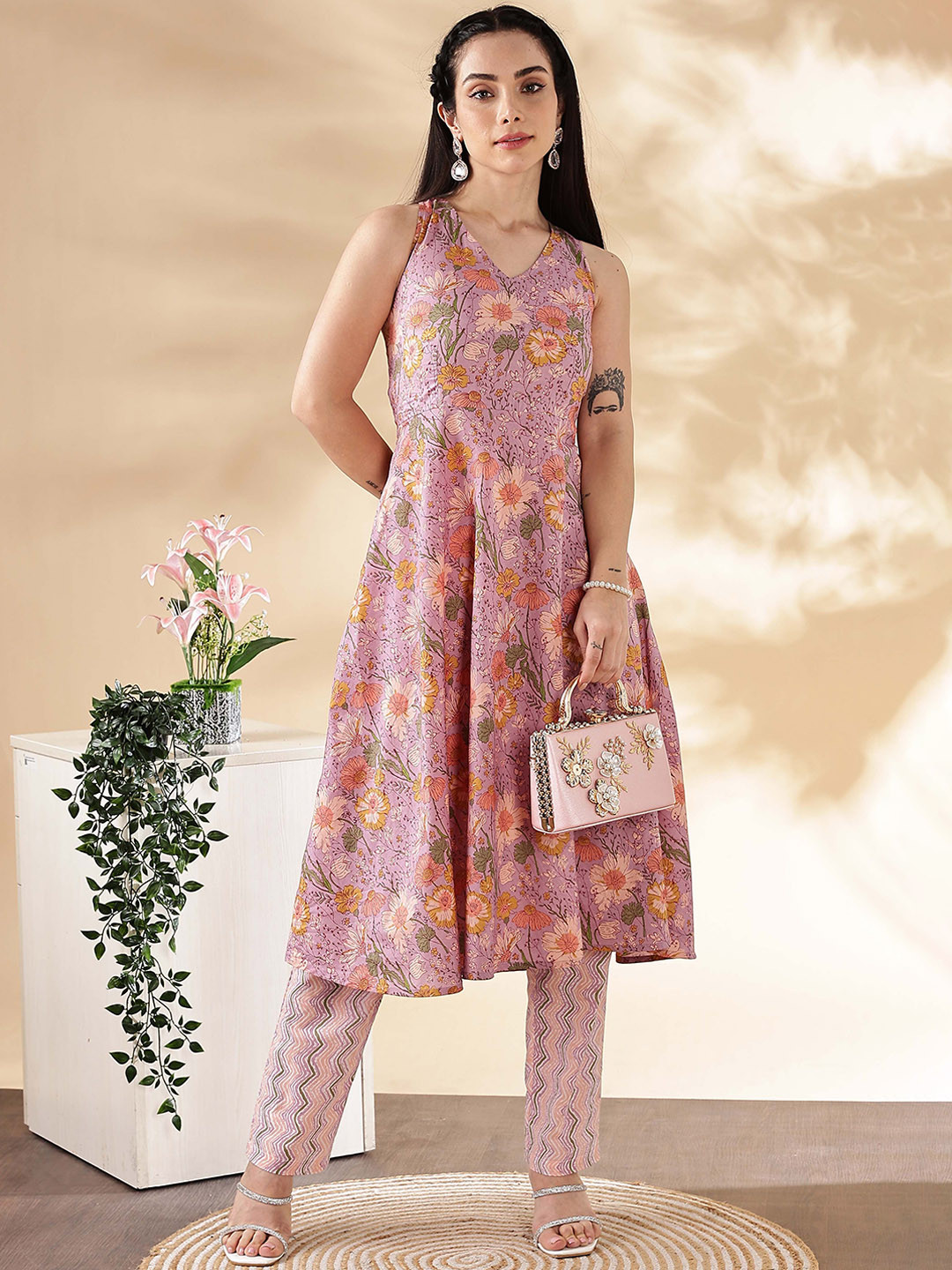 Anouk Floral Printed V-Neck Styled Back Pure Cotton A-Line Kurta With Trousers
