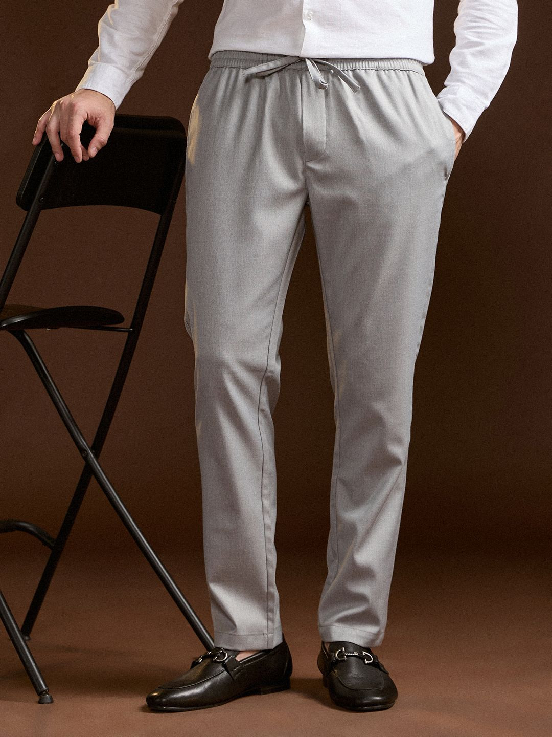 THE BEAR HOUSE Men Solid Slim Fit Formal Trouser with Elastic Waistband