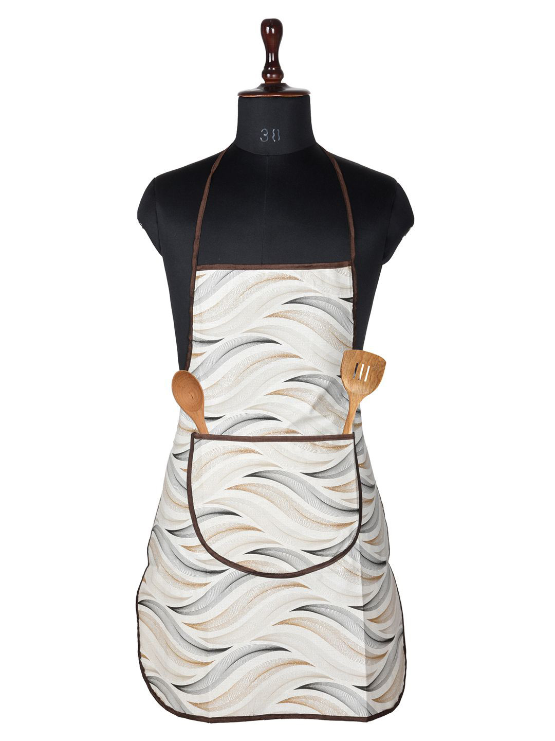 Kuber Industries Cream-Colored & Grey Wave Design Printed Apron With Front Pocket