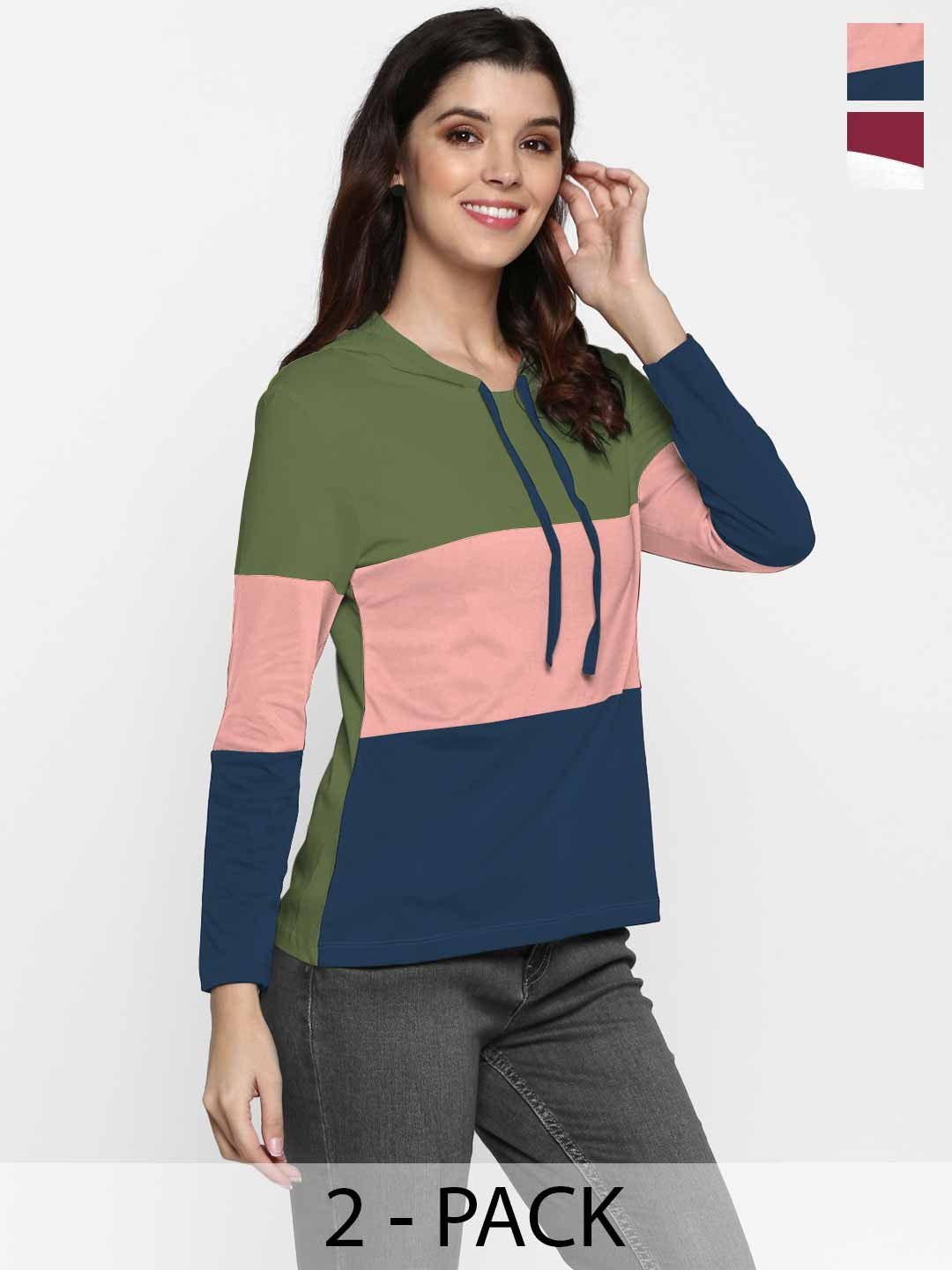 Moda Rapido Women Pack Of 2 Colourblocked Hood Cotton T-shirts