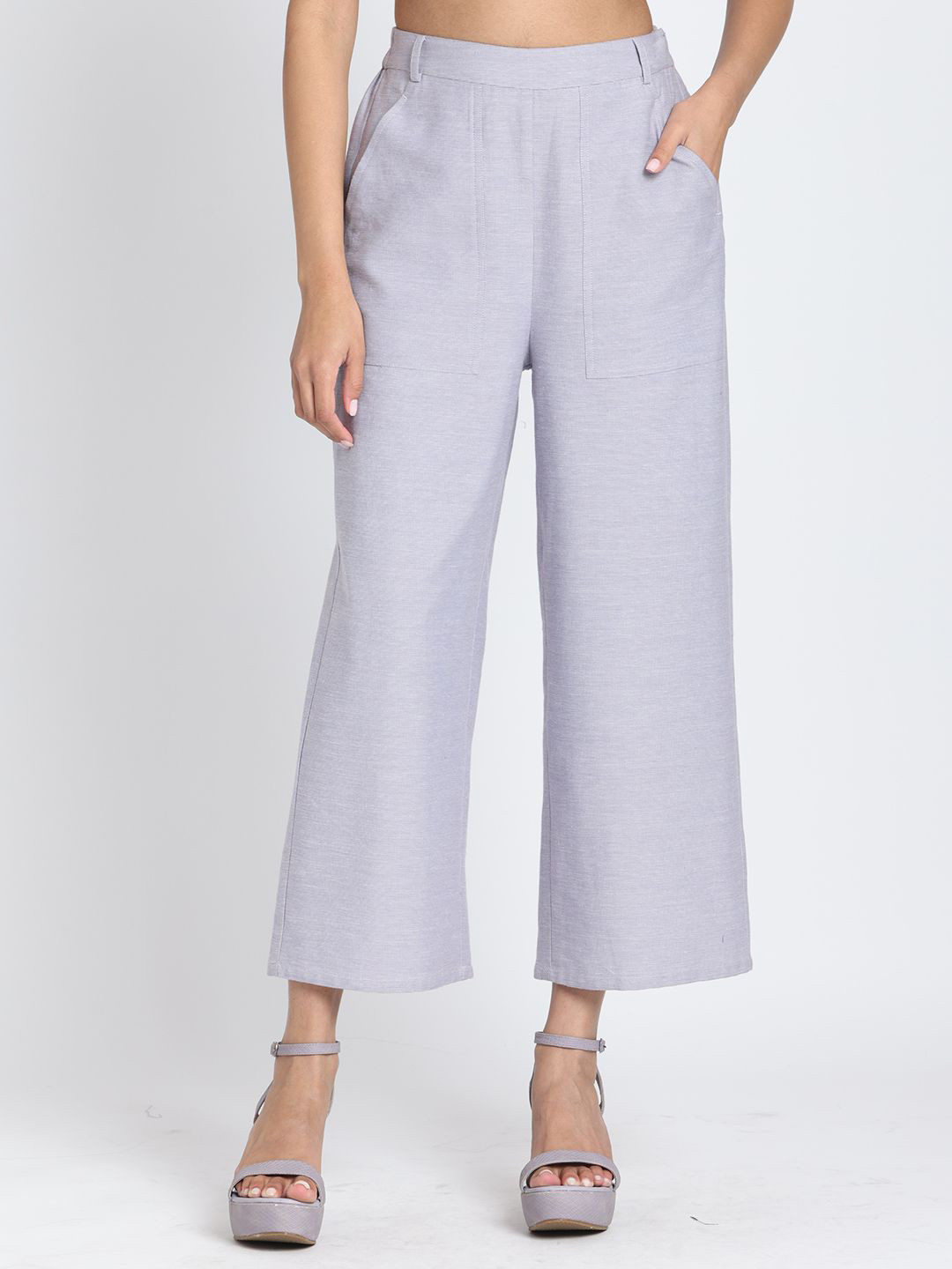 SHAYE Women Lavender High-Rise Solid Casual Wide Leg Trousers