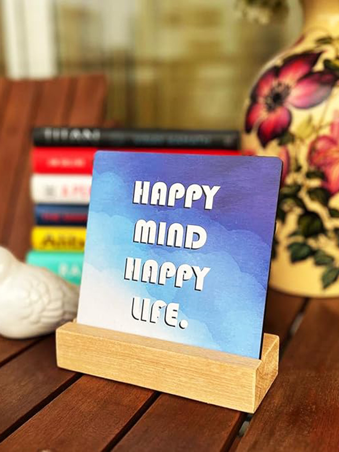 BS AMOR Happy Mind White Wood Matte Living Room Set of 2 Small Showpieces - 2 Inches