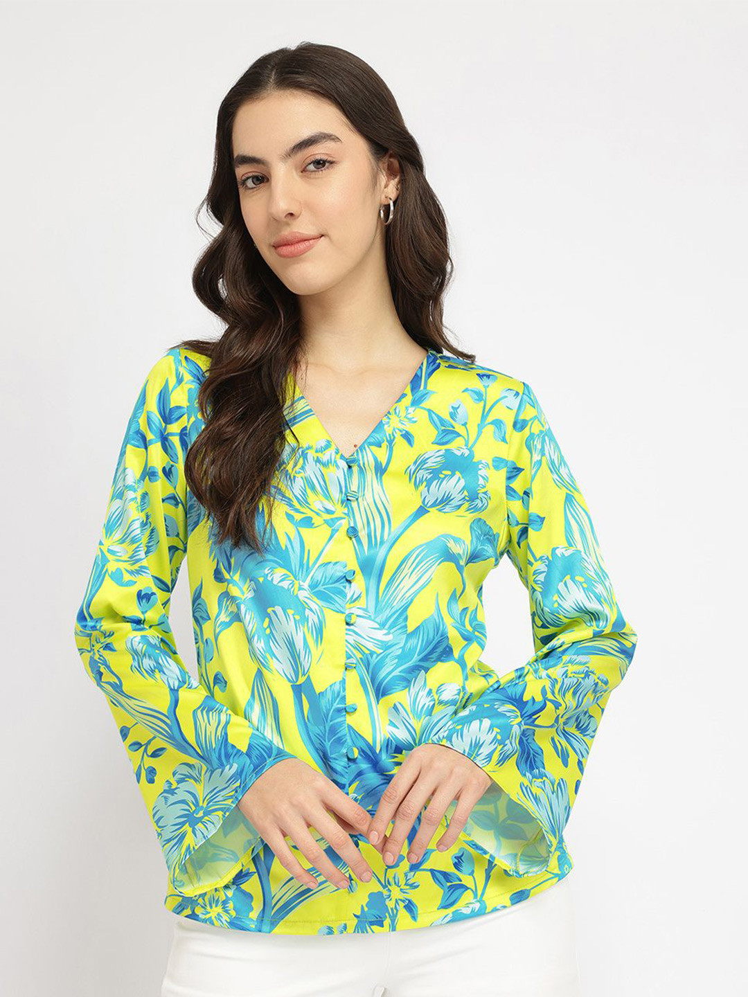 FableStreet Women Floral Printed Satin Green Top Blue