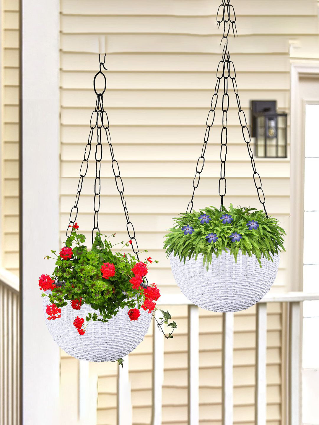 Kuber Industries White 2 Pieces Textured Round Marble Euro Hanging Planters