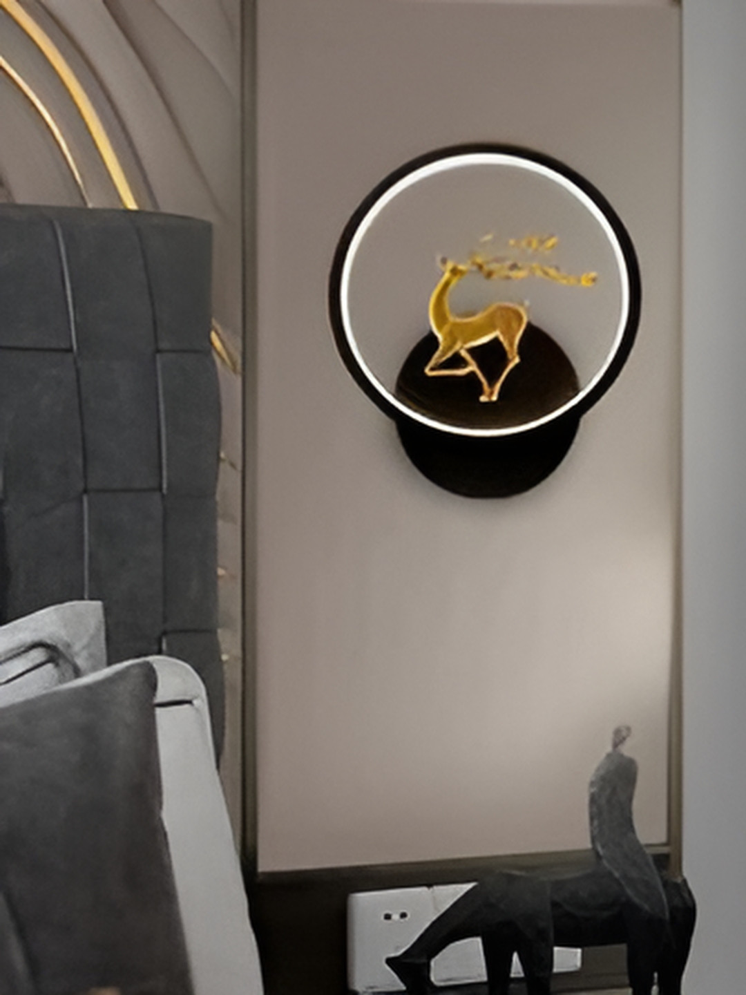 GAUVIK Black & Gold-Toned Printed Cylinder Shaped Acrylic Deer LED Wall Lamp