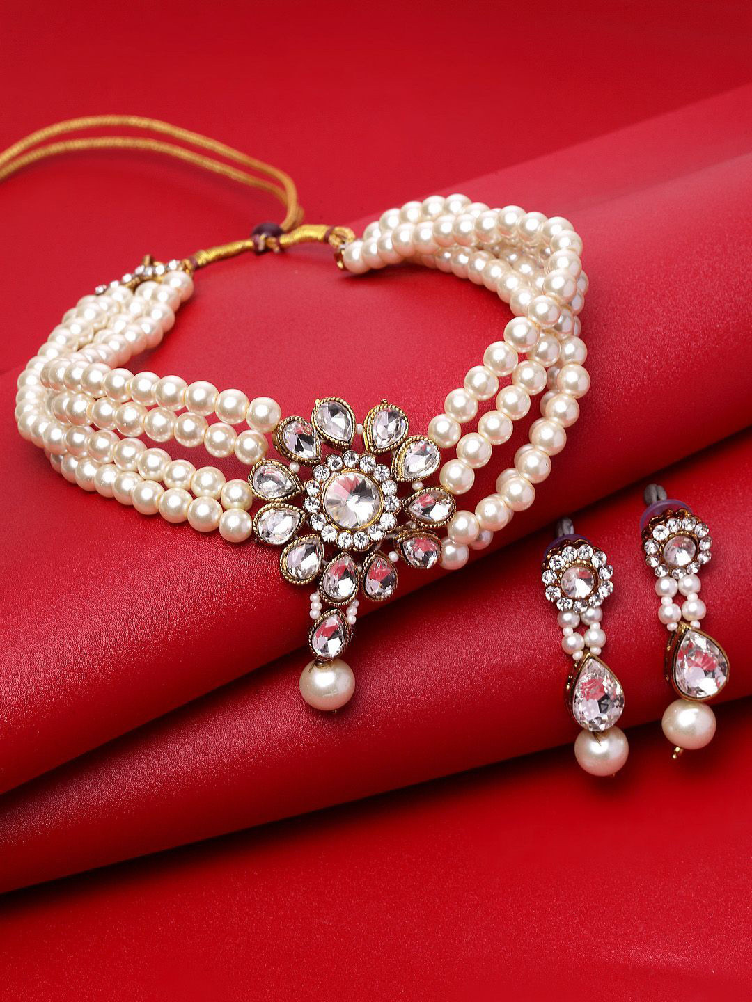 Anouk White Gold-Plated Artificial Stones Studded And Pearls Beaded Jewellery Set